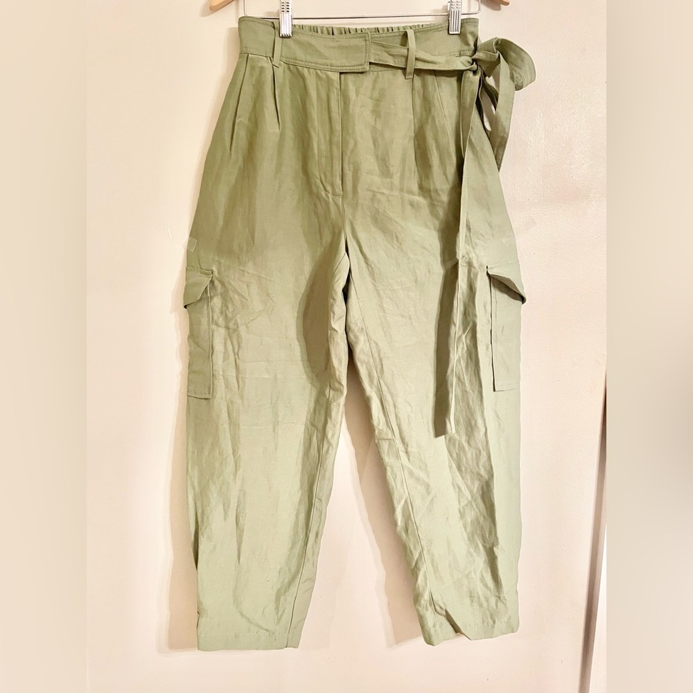 Aritzia Wilfred Olive Green Linen Blend Cropped Cargo Pants Belted Sz 8-Like New